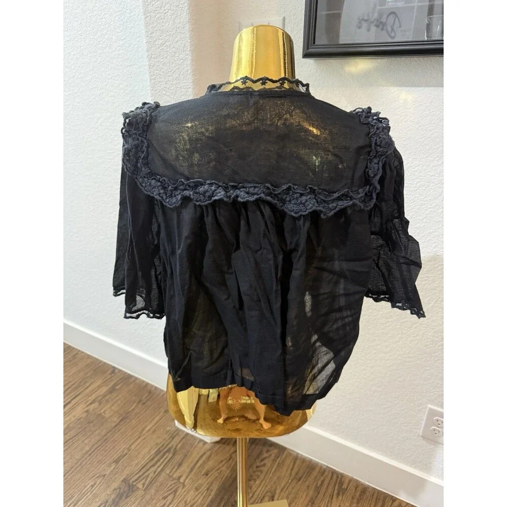 Free People Luna Top Black Sheer Cotton Ruffle Trim Boho Peasant Blouse